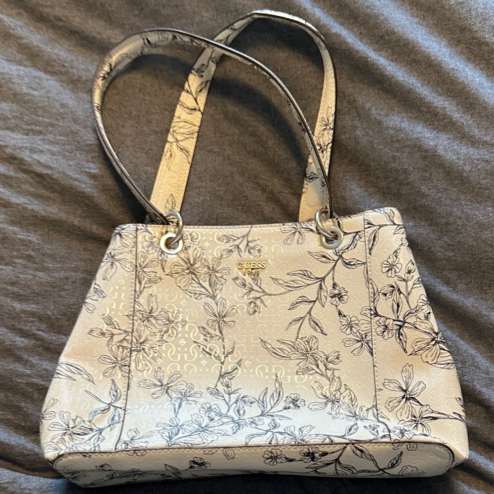 GUESS Floral Patterned Cream and Black Shoulder Bag